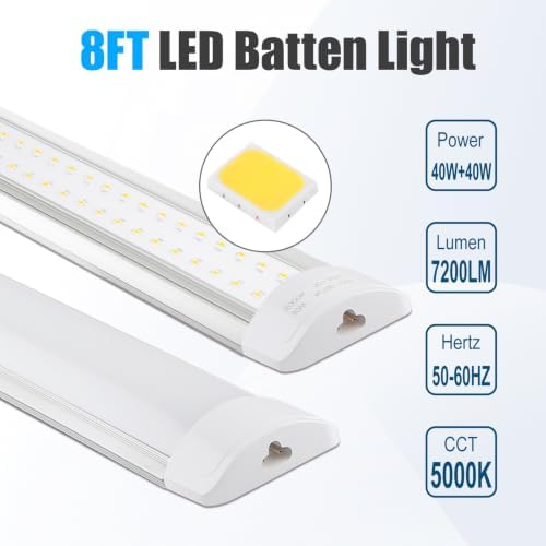 2 Packs 8FT LED Batten Light with 0.5m Cable, Ultra-Thin Ceiling Surface Mounted Light, 80W, 5000K, IP20, LED Ceiling Lamp for Garage, Shop, Hallway, Office, Market - Image 3