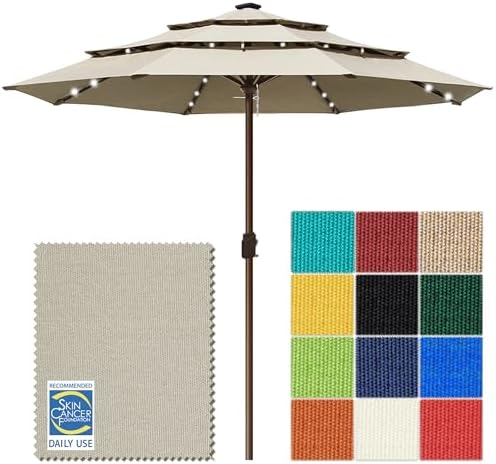 EliteShade USA 10-Year-Non-Fading 10ft 3-Tier Market Patio Umbrella, Commercial Table Umbrella with 80 Solar LED Lights, Crank Open, Windproof & UPF 50+ UV Protection for Garden, Deck, Pool, Backyard, No Tilt, Antique Beige by EliteShade