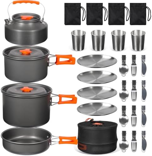 REDCAMP 6/10/11/12/14/15/19 PCS Camping Cookware Mess Kit Camping Gear Campfire Utensils Lightweight Stackable Pot Pan Bowls Soup Spoon with Storage Bag for Camping, Backpacking, Outdoor Cooking by REDCAMP