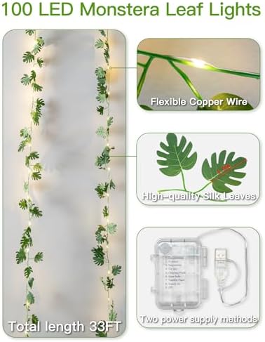 suddus 33FT Monstera Vines with Lights Battery & USB Powered Copper Wire - Image 5