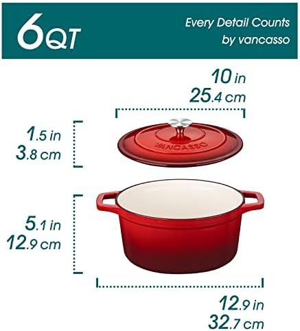 vancasso 6 Qt Round Enameled Cast Iron Dutch Oven with Lid & Handles, Red - Image 2