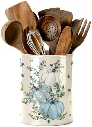 Fall Blue Kitchen Utensil Holder, Pumpkin Large Ceramic Utensil Holder For Kitchen Organizer, Autumn Farm 6.3'' Cooking Utensil Crocks Rustic Decor Utensil Storage Cup for Countertop by Unknown