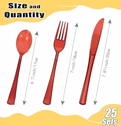 HEIPINIUYE 75 Pack Red Clear Plastic Cutlery Heavy Duty Clear Red Plastic Knives Forks and Spoons Disposable Silverware Set for 25 Guest Birthday Baby Shower Christmas Party Utensil Set - Image 3