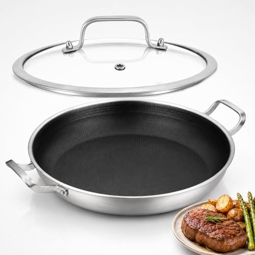 DELARLO 10 Inch Tri-Ply Stainless Steel Paella Pan with Lid, Nonstick Hybrid Frying Pan for Induction, Stainless Steel Frying Pan for Seafood, Rice, Indoor & Outdoor Cooking, Serves 4-6 People by DELARLOCOOKWARE