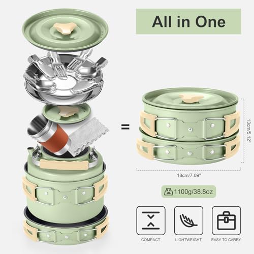 Odoland 19pcs Camping Cookware Mess Kit, Non-Stick Pot Pan Kettle Set for 2 - Image 3