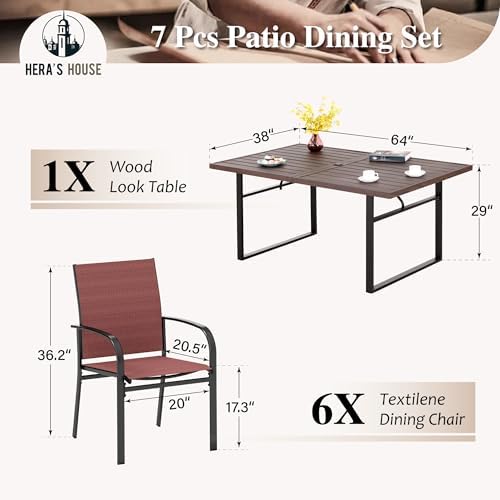 HERA'S HOUSE 7pc Outdoor Patio Dining Set, Wood-Look Metal Table, Red - Image 6