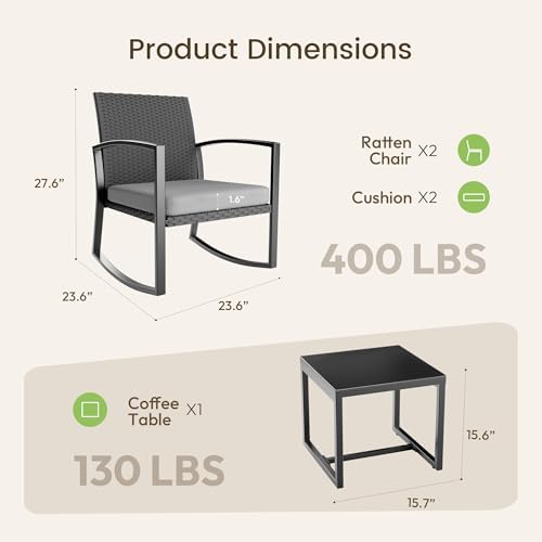 Rocking Patio Bistro Sets - All-Weather - 3 Piece Rattan Conversation Furniture Set, Wicker Outdoor Front Porch Chair for Balcony, Porch, Garden, Backyard, Poolside,Gray - Image 6