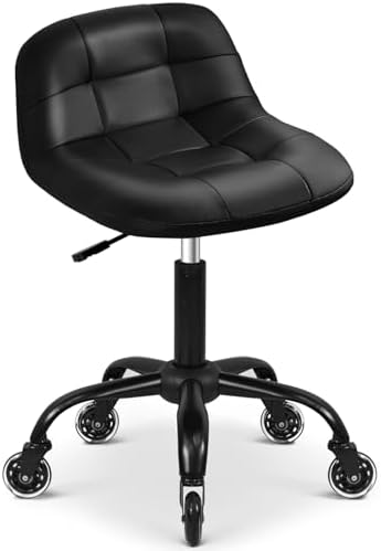 Rolling Shop Stool with Wheels, Rolling Short Stool with Back Support, 360° Swivel Garage Chair, Height Adjustable Chair 330lb Heavy Duty for Spa Salon Massage Tattoo (Black) by FreekyFit