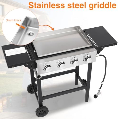 Flat Top Gas Griddle Grill with Stainless Steel Griddle, Includes Dust Cover & Regulator, Perfect for Camping & Tailgating (4-Burner) - Image 4