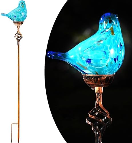 Decorative Solar Lights, Outdoor Solar Bird Stake Lights, Hand Blown Glass Decorative Garden Pathway Lights Outdoor Waterproof Glass Stakes (Light Blue) by Unknown