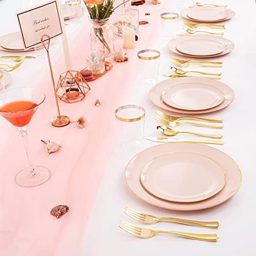 LIYH 180 Pcs Pink Plastic Plates - Disposable Dinnerware Set, Pink Dinner Plate Dessert Plate,Gold Plastic Silverware Cups for Weddings,Birthday Party 30 Guests - Image 2