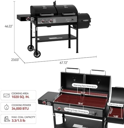Royal Gourmet ZH3006Y 2-Burner Gas and Charcoal Grill Combo, Offset Smoker - Image 4
