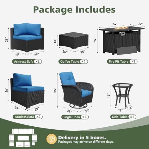 Aoxun 11 Piece Outdoor Patio Furniture Set with 44'' Fire Pit Table, Wicker Rattan Outdoor Furniture with High Back Swivel Rocker Chairs, Outdoor Sofa Set with Thick Cushion & Side Table, Peacock Blue - Image 2