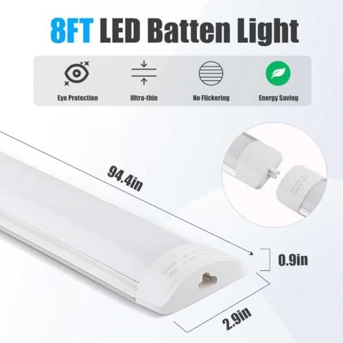 2 Packs 8FT LED Batten Light with 0.5m Cable, Ultra-Thin Ceiling Surface Mounted Light, 80W, 5000K, IP20, LED Ceiling Lamp for Garage, Shop, Hallway, Office, Market - Image 2