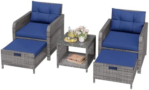 LHBcraft 5 Piece Patio Furniture Set, PE Wicker Outdoor Furniture Set with Soft Cushions & Coffee Table, Outdoor Lounge Chairs with Ottoman for Porch, Lawn, Balcony, Grey-Blue by LHBcraft-US