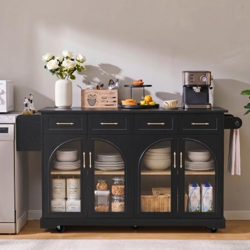 65" Rolling Kitchen Island with Storage and Drop Leaf & Arched Door Black - Image 4