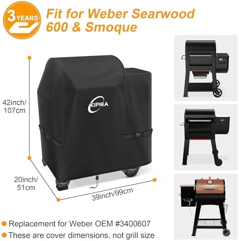 Kipiea 600D Heavy Duty Pellet Grill Cover for Weber Searwood 600 & Smoque, Waterproof Wood Pellet Smoker Cover with Windproof Buckles, UV Resistant, No Tear, No Fading - Image 2