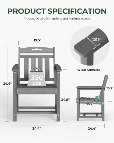 HDPE Outdoor Patio Dining Chairs with Wide Seat, Oversized, Grey - Image 3