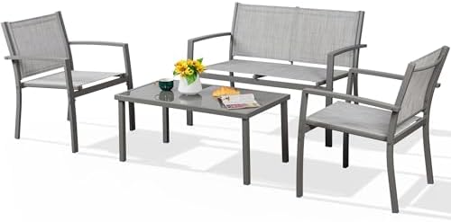 Shintenchi 4 Pieces Patio Furniture Set All Weather Textile Fabric Outdoor Conversation Set, with Glass Coffee Table, Loveseat, 2 Single Chairs for Home, Garden, Lawn, Porch（Silver） - Image 7