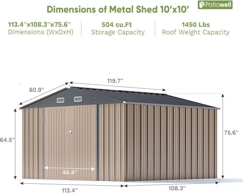 Patiowell 10x10 FT Metal Storage Shed, Brown - Image 5