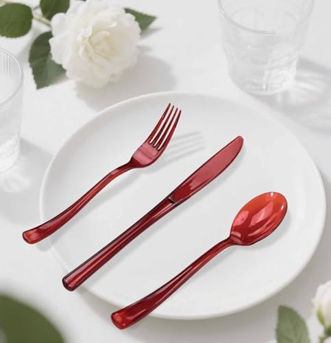 HEIPINIUYE 75 Pack Red Clear Plastic Cutlery Heavy Duty Clear Red Plastic Knives Forks and Spoons Disposable Silverware Set for 25 Guest Birthday Baby Shower Christmas Party Utensil Set - Image 7
