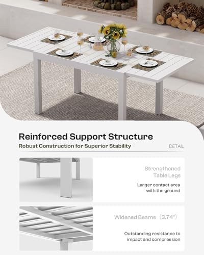 All-Aluminum Expandable Outdoor Patio Dining Table for 4-8 Person, All-Weather Rectangular Outdoor Table(48"-79") with Smooth Cilde Rails & Secure Locking Handle for Garden, Indoor, White - Image 5