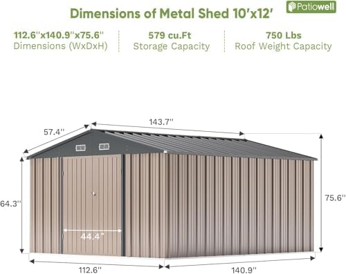 Patiowell 10x12 FT Storage Shed, Outdoor Metal Sheds, Brown - Image 2