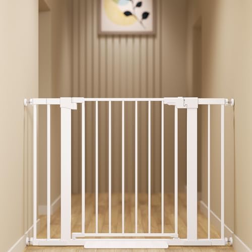 29-42 inches Metal Baby Gate for Stairs/Doorways, 30 inches Tall Pressure Mounted Pet Gates, Auto-Close Child Safety Gate, No Drilling Easy Walk-Through Dog Gate Indoor, White by Unknown