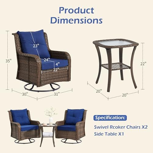Wumiokio Patio Furniture Sets, 3 Pieces Wicker Outdoor Furniture - 360 Degree Swivel Rocking Chairs and Rattan Side Table for Garden,Porch,Backyard (Brown Wicker/Blue Cushion, 3PCS - Swivel Chairs) - Image 3