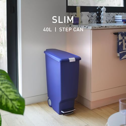 simplehuman Slim Step Can, 40L / 10.6 Gallon Space-Efficient Kitchen Trash Can, Studio Edition, Pet-Proof Slide Lock, 150,000-Step Pedal, Wheels, Indigo Plastic - Image 2