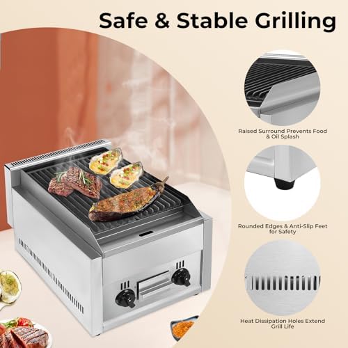 21" Gas Grill, 60TU/hr Commercial Countertop Gas Grill 2 Burner Gas Propane Flattop BBQ Stove Natural/Propane gas Radiant Char Broiler Grill with Adjustable Temperature for Garden Patio - Image 7