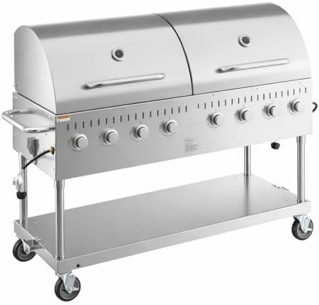 Commercial Stainless Steel Outdoor Liquid Propane Grill with Dual Roll Dome Lids, 60" Cooking Surface, 8 Burners, 128,000 BTU, for Restaurant Patio, Resort, Catering, Outdoor Kitchen, Hotel by Krollen+Industrial