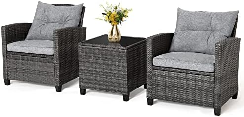 RELAX4LIFE Wicker Patio Furniture Sets - 3 Pieces Rattan Sofa Set, Outdoor Conversation Set with Tempered Glass Tabletop, Heavy-Duty Steel Frame, Wicker Chair Set for Poolside, Backyard, Grey by RELAX4LIFE
