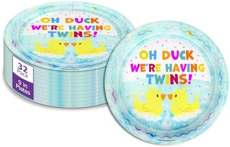 Birthday Galore Oh Duck! We're Having Twins Baby Shower - 32 Piece Disposable Party Supplies - Rubber Ducky Baby Shower Decorations - Round Party Plates - Large 9" Paper Plates In Bulk by BirthdayGalore