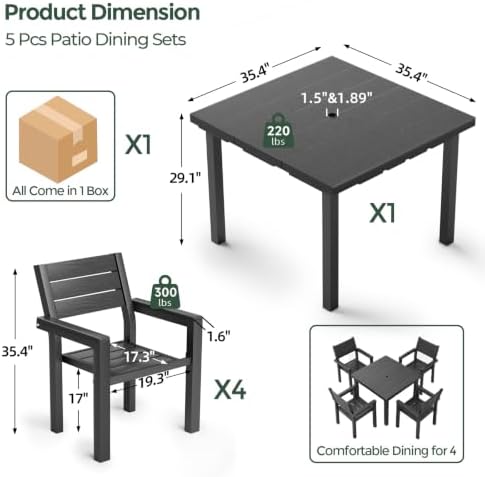 5-Piece Patio Dining Set for 4, Wood-Grain HDPE Outdoor Table and Chairs - Image 2