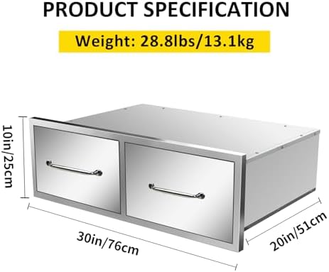 Outdoor Kitchen Drawers 30" W x 10" H x 20" D Flush Mount Horizontal Double Drawers with Chrome Handle,Stainless Steel Built-in BBQ Drawer for Outdoor Kitchen Island, Patio Grill Station - Image 2