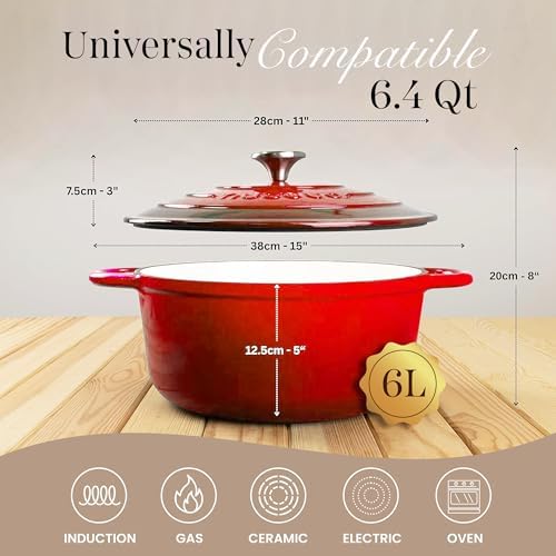 Nuovva Enamelled Cast Iron Dutch Oven Pot with Lid-6.4 Quart Non Stick Casserole Pot-Heavy Duty & Oven Safe up to 500° F for Bread Baking, Braising, Stews, Roasting - 28cm Red - Image 2
