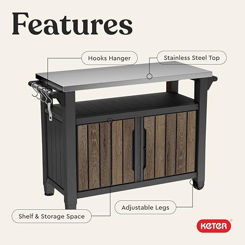 Keter Unity XL Outdoor Entertainment Cart with Wood‑Look Finish, 78‑Gallon Patio Storage Cabinet, Food Prep Station, Stainless‑Steel Top for BBQ, Grill, Patio, Deck & Backyard, Walnut - Image 4