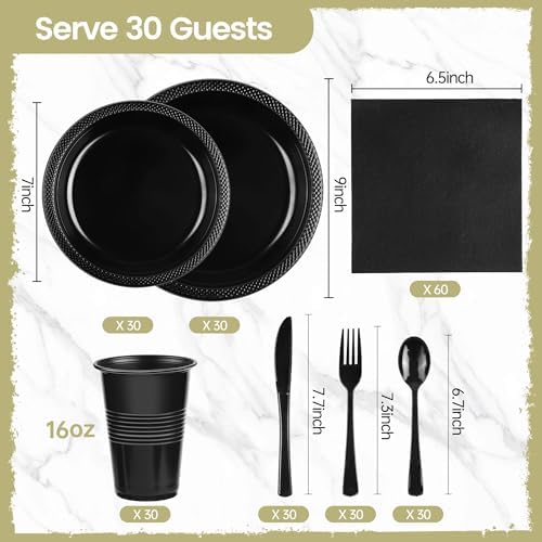 Kochorie 240 Pieces Black Plastic Dinnerware Set for 30 Guests Disposable Heavy Duty Plates Napkins Cups and Silverware Dessert Dinner Plates for Birthday Wedding Halloween Party Supplies - Image 2