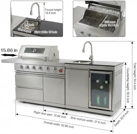 84" Outdoor Kitchen Island with 5-Burner 75,300 BTU Gas Grill,Rotisserie Oven,Mini Wine Fridge,Side Burner,Sink & Side Shelf.Included Natural Gas Converter,Movable BBQ Island for Patio & Backyard. - Image 2