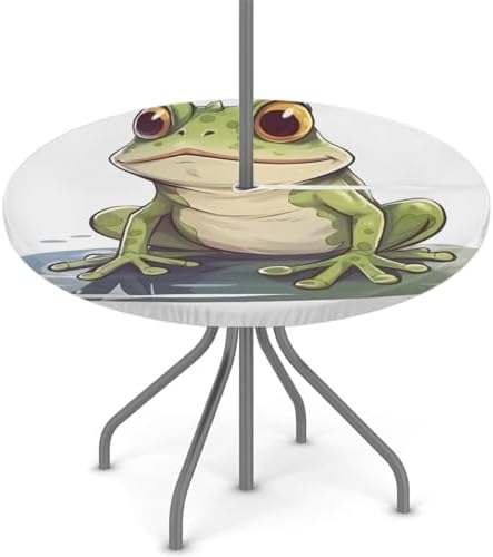 Fitted Round Tablecloth with Umbrella Hole and Zipper Frog Outdoor Elastic Table Cloth 36"-44" Oil-Proof Waterproof Green Frog Patio Table Cover for Picnic Party by GzLeyigouHomeKitchen