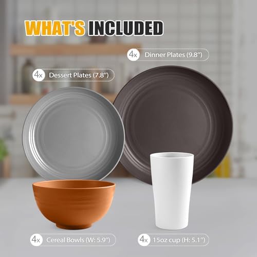 Teivio 16-Piece Kitchen Plastic Wheat Straw Dinnerware Set, Service for 4, Dinner Plates, Dessert Plate, Cereal Bowls, Cups, Unbreakable Plastic Outdoor Camping Dishes, Farmhouse - Image 2