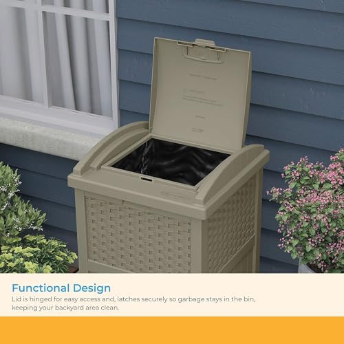 Suncast Wicker Resin Outdoor Hideaway Trash Can with Latching Lid for Use in Backyard, Deck, or Patio, Dark Taupe - Image 6