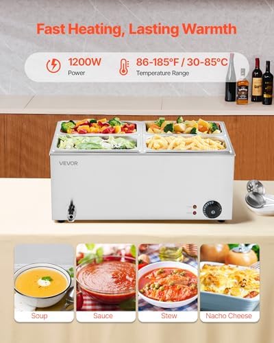 VEVOR 4-Pan Commercial Food Warmer, 24QT Electric Steam Table, 1200W Professional Countertop Stainless Steel Buffet Bain Marie with 86-185°F Temp Control for Catering and Restaurants, Silver - Image 2