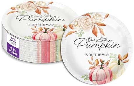 Birthday Galore Little Pumpkin On The Way Girl Baby Shower - 32 Piece Disposable Party Supplies - Fall Baby Shower Decorations - Round Party Plates - Large 9" Paper Plates In Bulk by BirthdayGalore