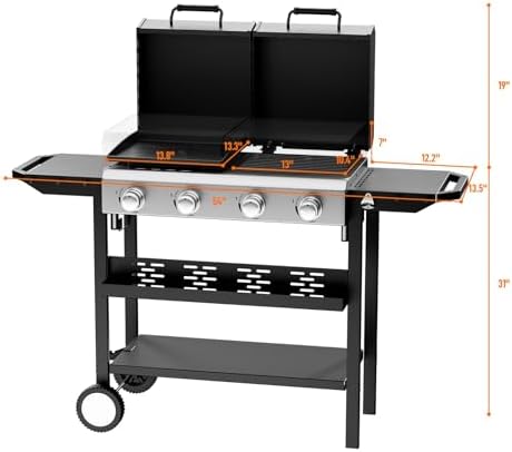 Bonnlo 2 in 1 Propane Flat Top Grill and Griddle Combo with Lid, Powerful 40,000 BTU Grills with Side Shelves & Integrated Ignition, 4 Burners Grill with Movable Wheels for Outdoor BBQ Camping Use - Image 6