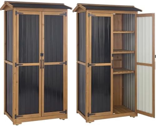 Storage Cabinet Outdoor Garage Cabinets with 3 Adjustable Shelves, Lockable Door, Wood & Metal Weather-Resistant Pantry Cabinet for Patio Garden Home Farm (33.3" Lx 21" Wx 69" H) by PETSCOSSET