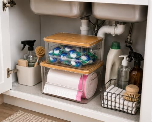 2-in-1 Stackable Trash Bag Dispenser & dishwasher pod holder with Wooden Top – Garbage Bag Holder for 13-33 Gallon Bags – Trash Bag Dispenser Under Sink with Anti-Slip Base for Laundry Detergent Pods - Image 3