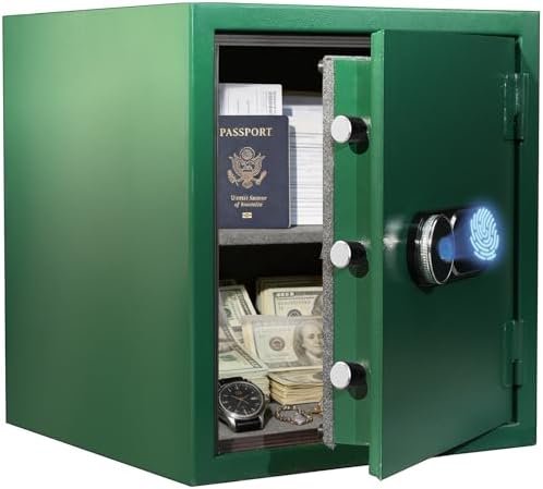KEAR Fireproof Safe for Home, 3.8 Cub Biometric Fingerprint Safe with Fast Access, Waterproof Safe, Digital Keypad, Emergency Keys, Steel Security Safe for Documents, Cash & Handguns (Green, 3.8 Cub) by KAER
