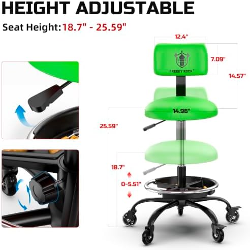 Rolling Shop Stool with Wheels, Garage Stool Chair, Green - Image 2